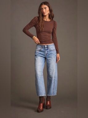 Bobeau Brown Ruffle Puff Sleeve Top XS
